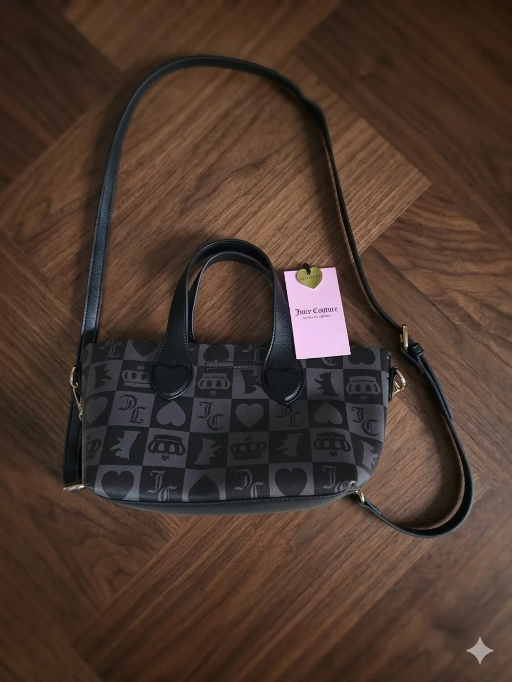 Juicy Couture Sweet Break Time Black Patterned Signature Mini Crossbody Tote